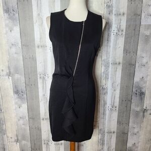 Sandro Size 2 Black Assymetrical Front Zip Ruffle Sleeveless Dress